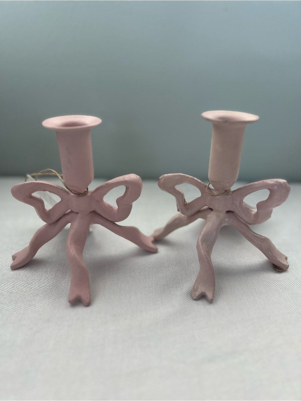 Pink Butterfly Ribbon Ceramic Candle Holders - Set of 2